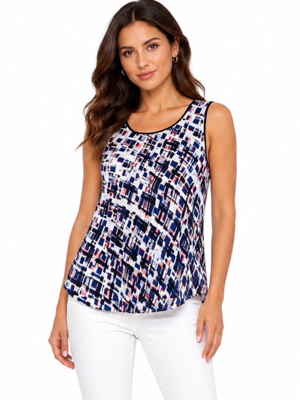 White House Black Market Sleeveless Geometric Print Top in Navy, White & Pink SM